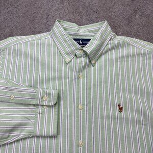 Ralph Lauren Oxford Shirt Men 17 32/33 Green White Striped OCBD Classic Fit